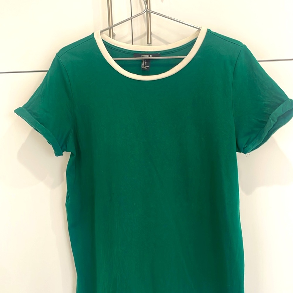 Forever 21 Green Cuffed Short Sleeve Tee White Trim Crew Size Large